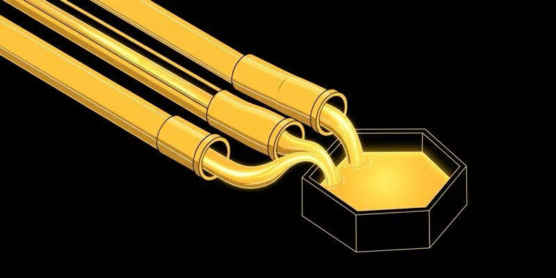 Ba đường ống vàng dẫn về một bể chứa — ba cách nạp tiền GO88
